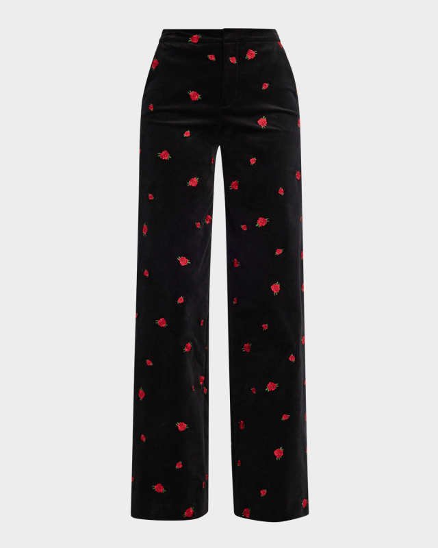 Rose Embroidered Livvy Straight-Leg Velvet Pants